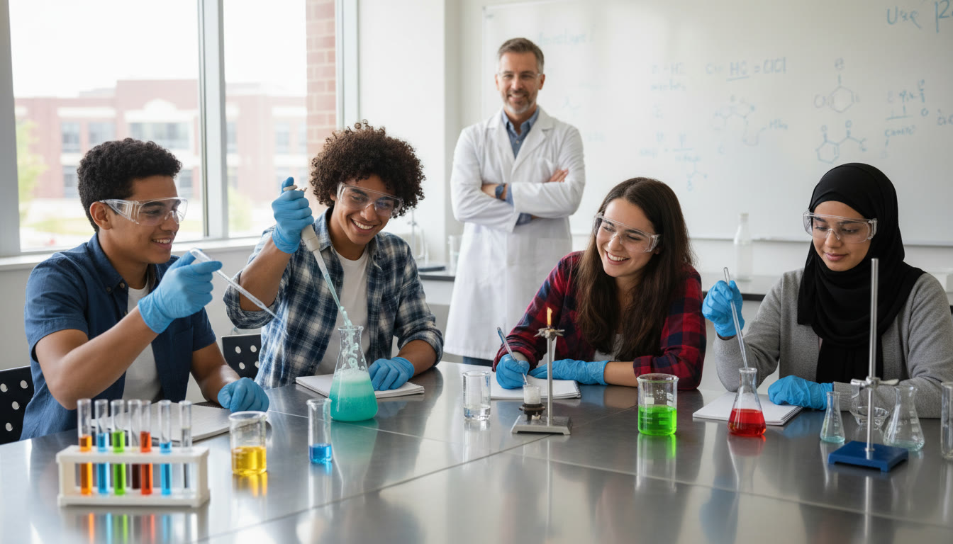 Photo Idea : A dynamic classroom shot of students in safety goggles doing a chemistry experiment in a lab, with an instructor observing — emphasizes hands-on learning and teamwork.