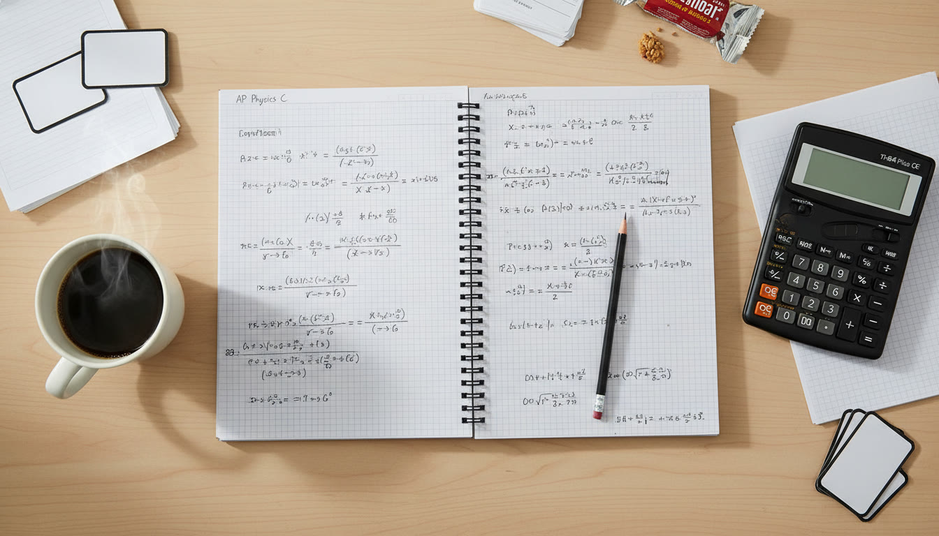 Photo Idea : A study desk shot from above showing an open physics notebook, pencil, graphing calculator turned off, and a cup of coffee—evoking calm, focused prep for AP Physics C.
