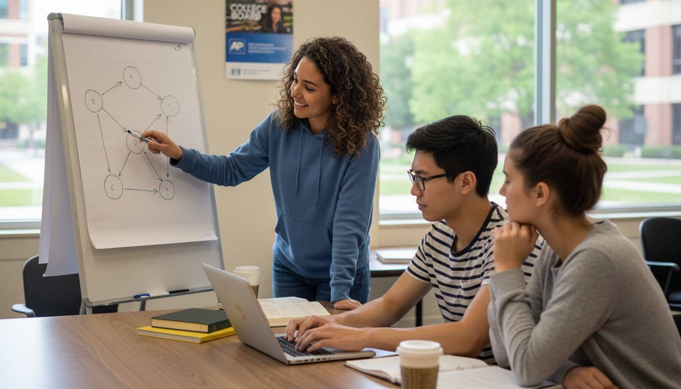 Photo Idea : A small group tutoring scene where a tutor points at a whiteboard showing a simple network diagram and a student types notes on a laptop. Mood: collaborative, encouraging, focused on problem-solving.