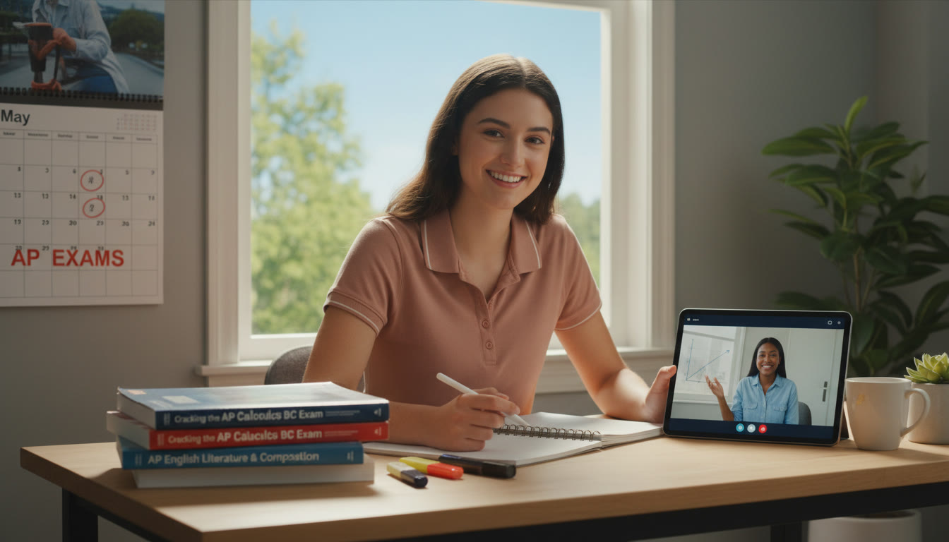Photo Idea : A bright, optimistic scene of a student at a desk with AP practice materials, a calendar labeled
