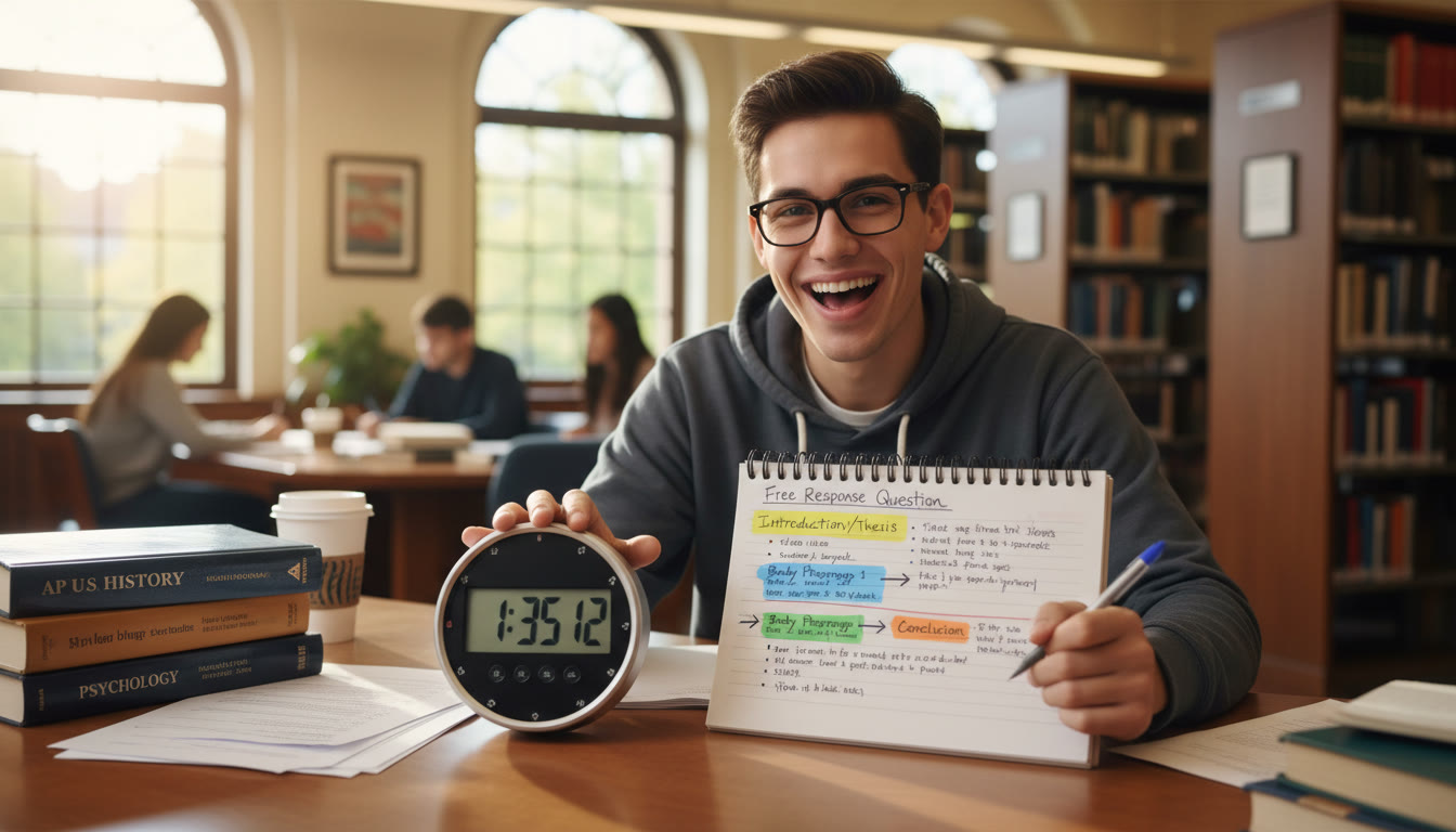 Photo Idea : A student at a library desk with a stopwatch and a color-coded outline for an FRQ — conveys exam timing and organization under test conditions.