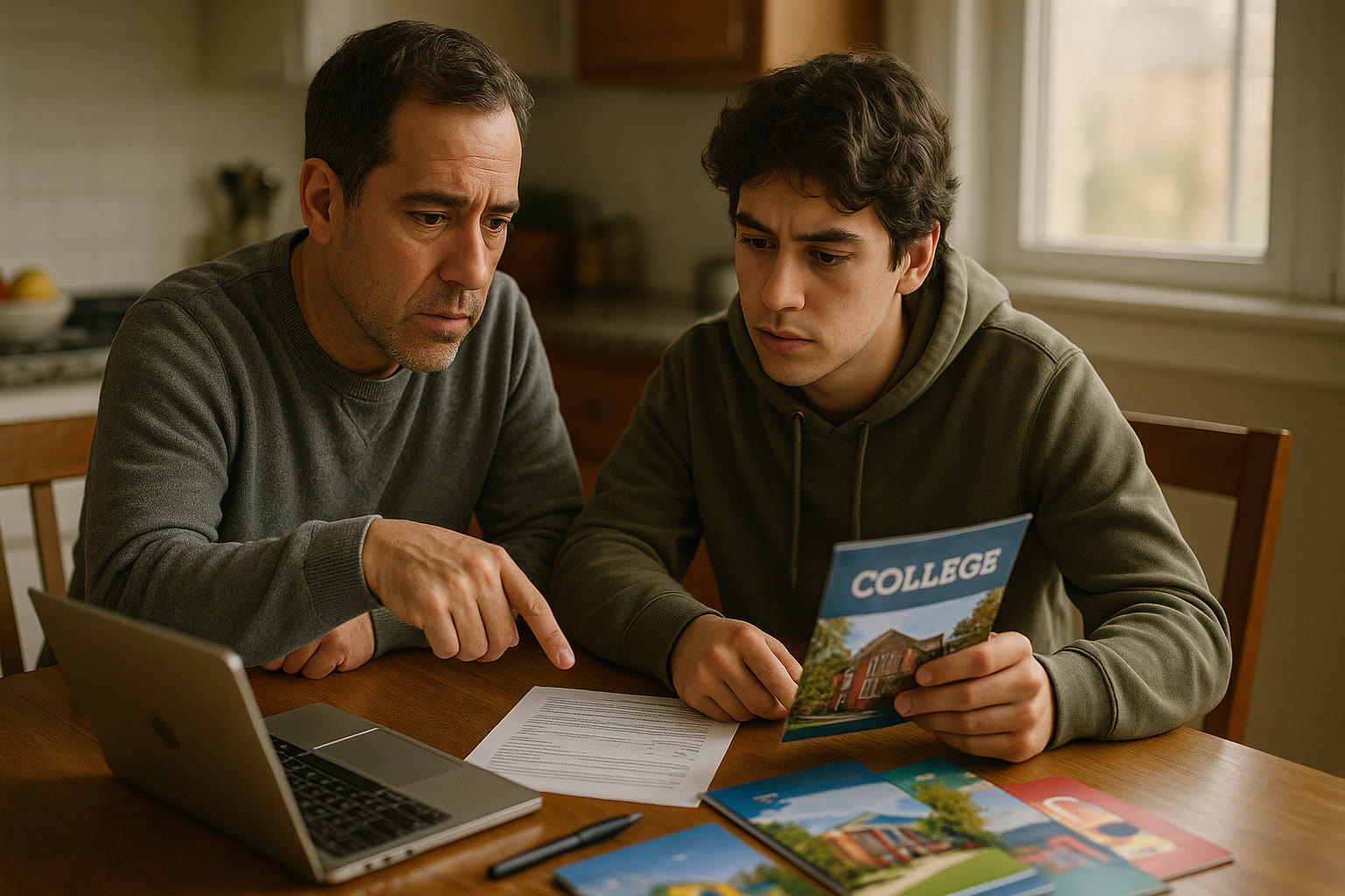 Photo Idea : A concerned parent and student sitting at a kitchen table, laptop open, surrounded by college brochures and printed score reports—light and candid, showing collaboration and mild concern.