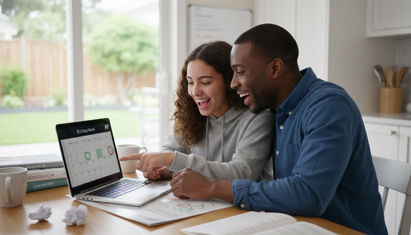 Photo Idea : A teen and parent at a kitchen table with a laptop and calendar, pointing at marked dates and smiling — conveys collaboration, planning, and relief.
