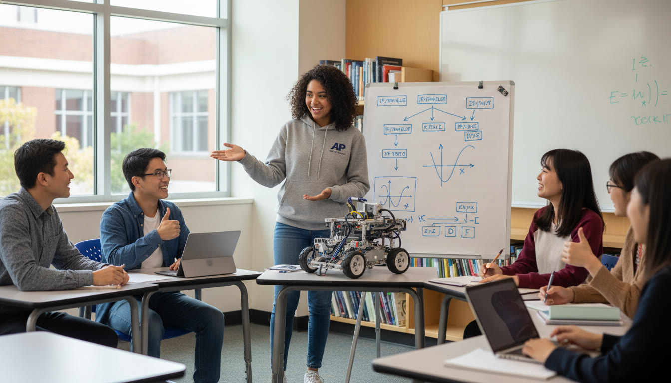 Photo Idea : A student presenting a robotics project to classmates with a simple poster showing algorithms and calculus graphs behind — demonstrates interdisciplinary learning and teamwork.
