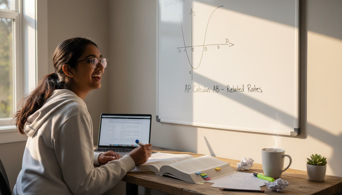 Photo Idea : A bright study nook with a medium-sized whiteboard, a student sketching a graph in marker, notes and an AP review book open nearby. Capture the energy of focused practice in natural light.