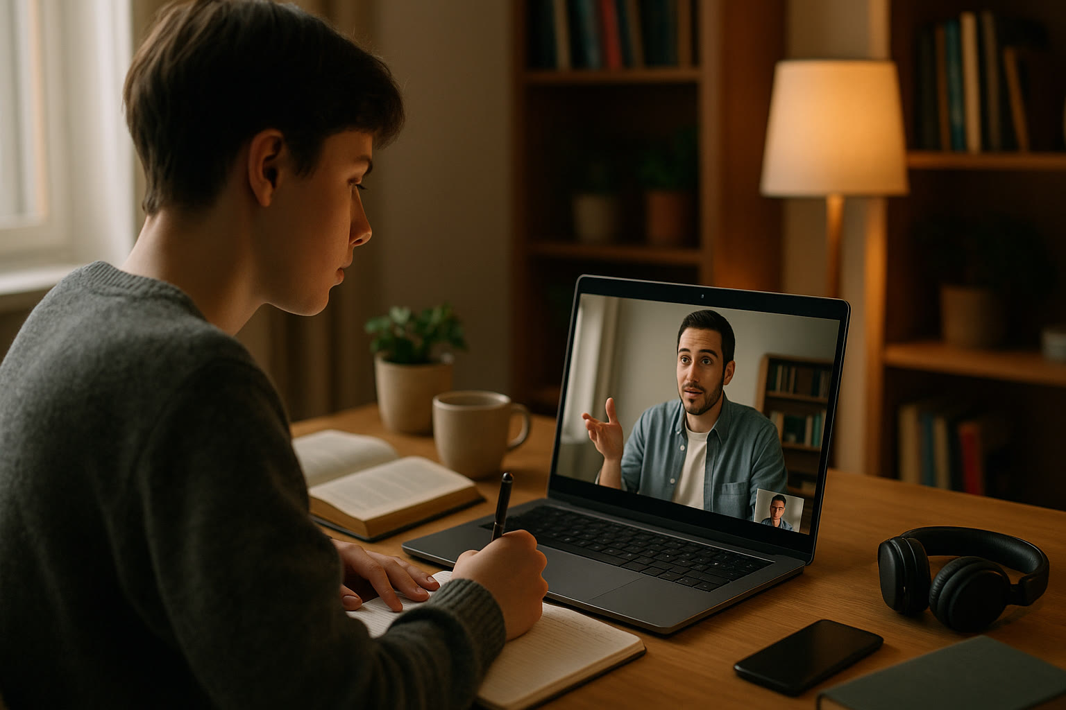 Photo Idea : A cozy study setup with a student and a tutor on a laptop (tutor on screen), the student taking notes—illustrates one-on-one guidance without a hovering parent.