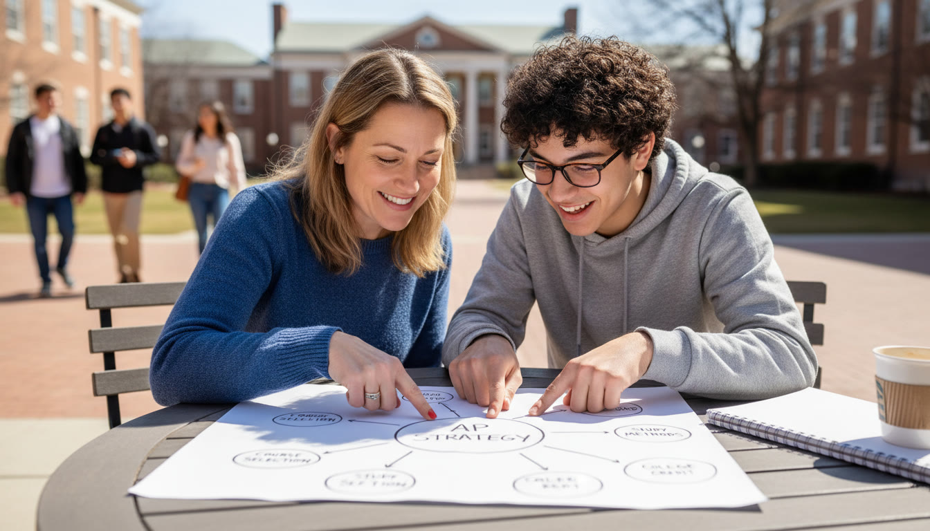 Photo Idea : A parent and teen at a small table reviewing a one-page concept map together, both pointing to the same node — collaborative and supportive atmosphere.