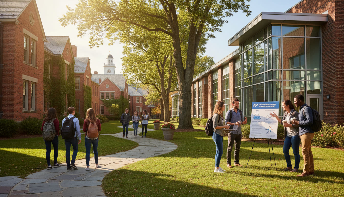 Photo Idea : A bright campus scene on a sunny day with students walking between brick buildings and a small group gathered near a science building — conveys a liberal arts environment and community energy.