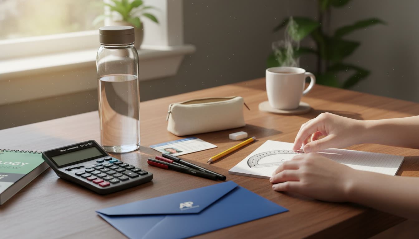 Photo Idea : A calm morning scene of a student preparing materials for test day — pens, calculators, ID and water bottle — signaling organization and readiness.