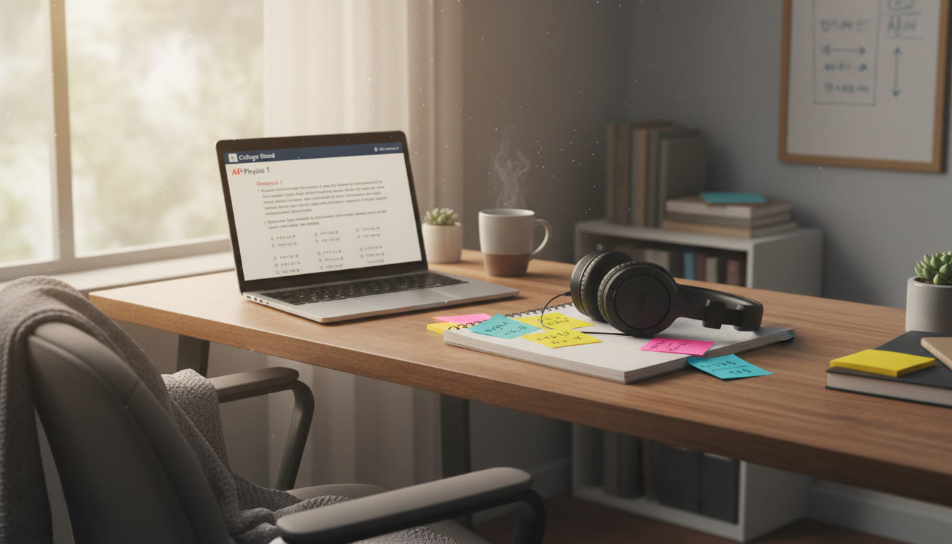 Photo Idea : A calm study nook with soft lighting, a laptop open to practice questions, sticky notes, and noise-cancelling headphones visualizing a focused, comfortable test prep environment for students with ADHD.
