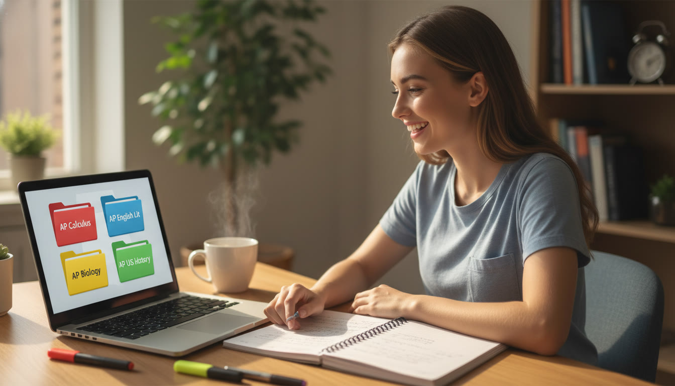 Photo Idea : A warm, natural photo of a student at a clean desk with a laptop, color-coded folders on screen, and a notebook beside a cup of tea — conveys calm, organized study.
