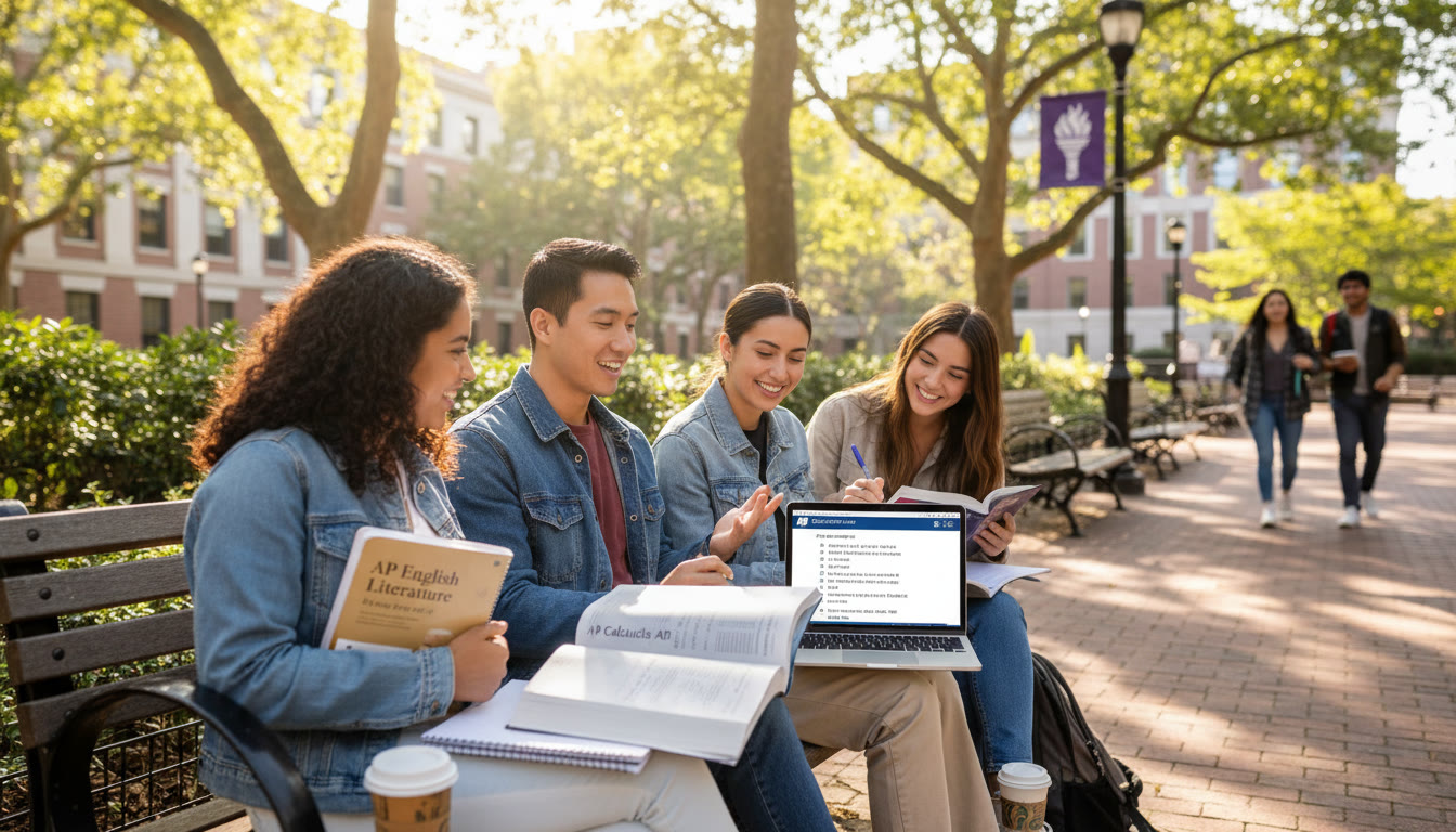 Photo Idea : A candid photo of a diverse group of students studying together on a sunny NYU quad bench, with textbooks, a laptop showing a practice AP problem, and a small NYU pennant in the background — conveys preparation, community, and place.