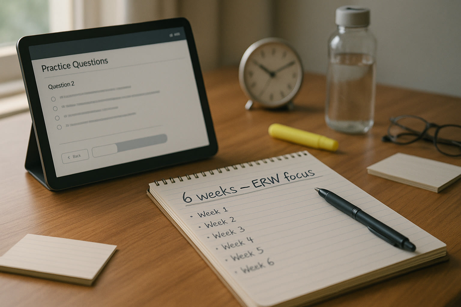 Photo Idea : A desk with a tablet showing official practice question screens and a notebook with a targeted plan: