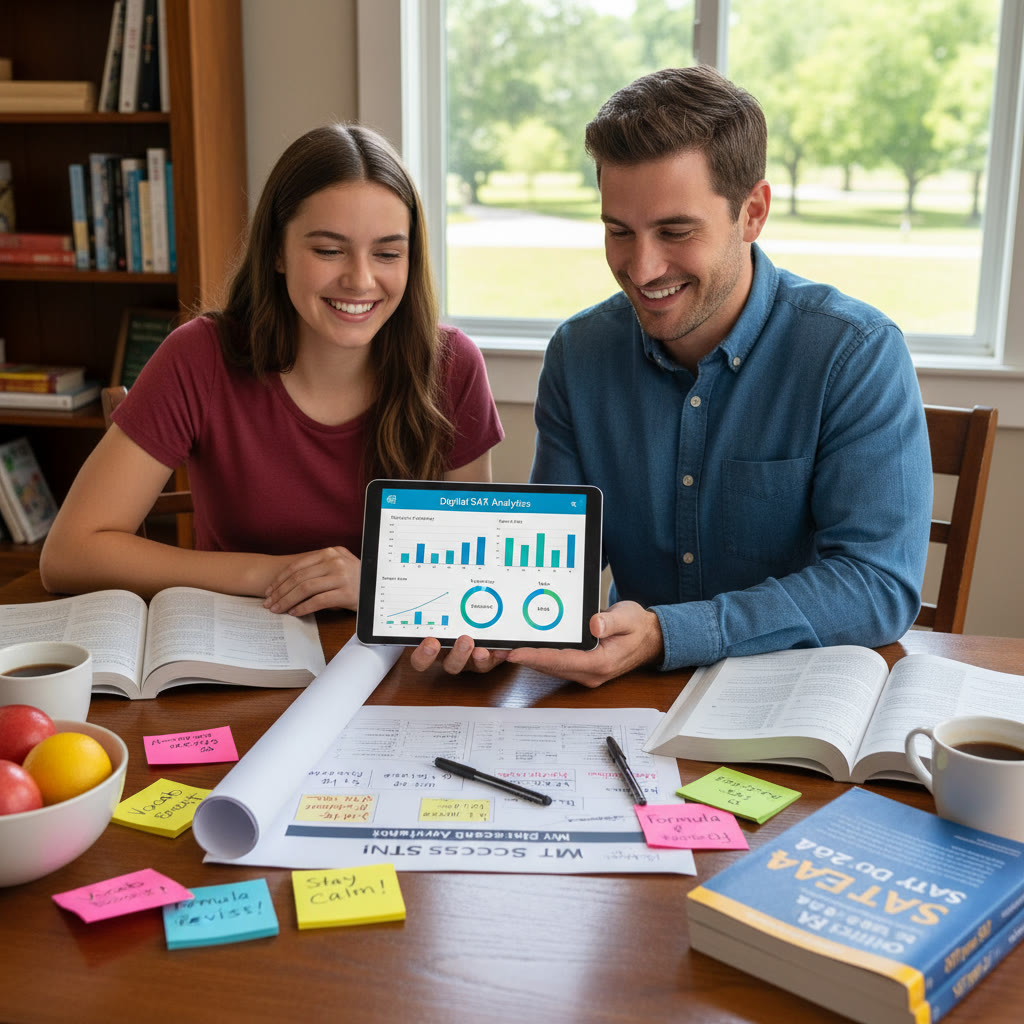 Photo Idea : A small tutoring session in progress: a student and tutor review Digital SAT analytics on a tablet with a printed study plan and colorful notes strewn across the table.