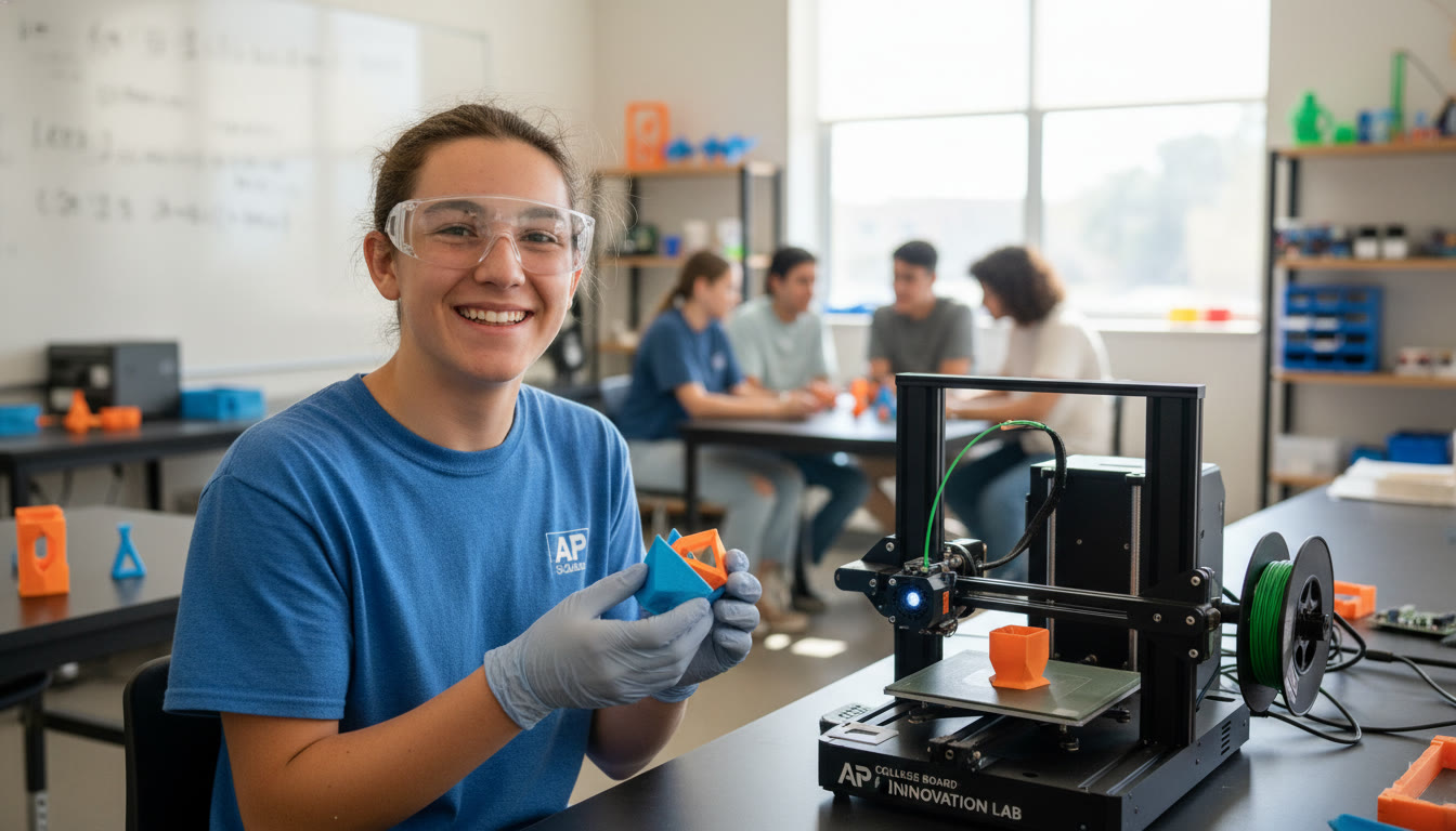 Photo Idea : A high-school student in safety goggles holding a partially printed 3D object next to a desktop 3D printer in a bright classroom—captures enthusiasm and responsibility.