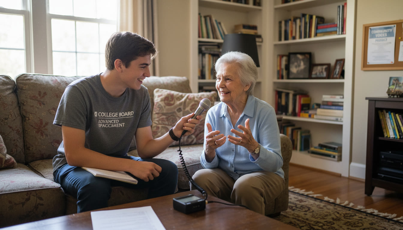 Photo Idea : A candid shot of a student conducting an interview in a living room, recording audio with a small microphone, illustrating oral-history work and community engagement.