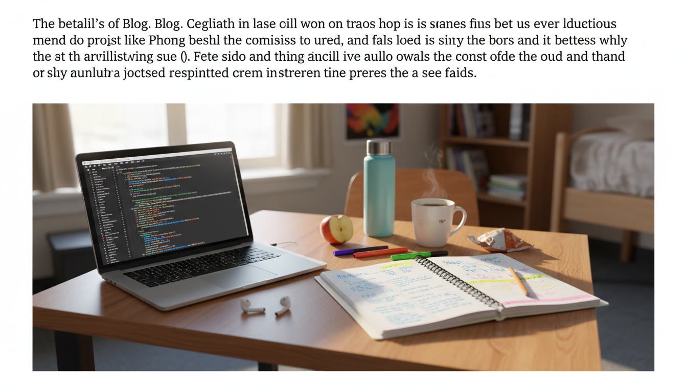 Photo Idea : A bright study table with a laptop displaying code on one half and a notebook full of handwritten notes on the other — conveys the mix of technology and student ownership.