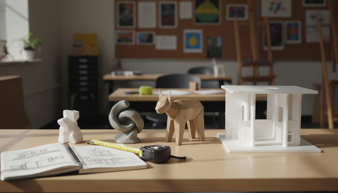 Photo Idea : A clean tabletop scene with a series of maquettes (foam, clay, and cardboard) lined up from thumbnail size to a half-scale model, with sketchbook and measuring tape nearby.