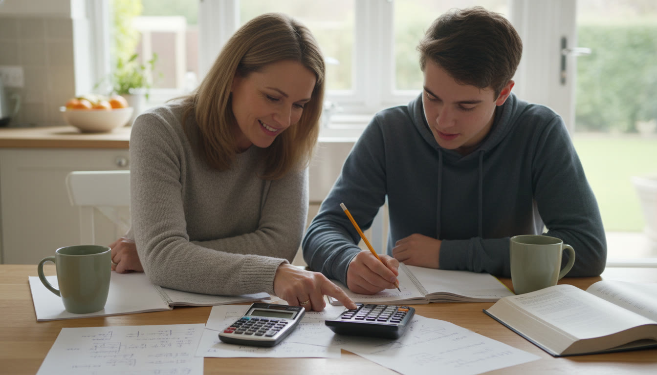 Photo Idea : A calm study scene showing a parent and teen at a kitchen table, two calculators (a scientific and a graphing model) side by side with practice sheets, conveying partnership and preparation.