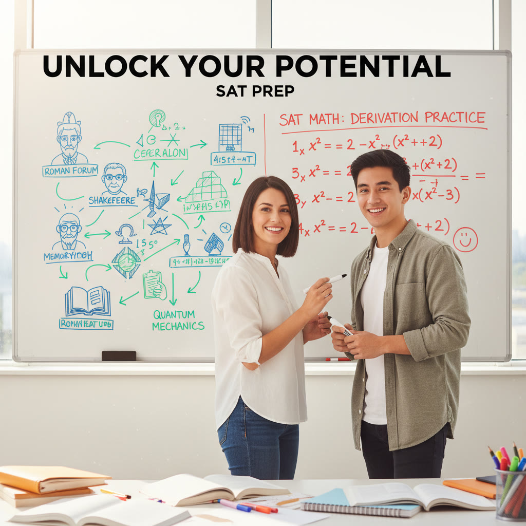 A tutor and student working together at a whiteboard, sketching a memory palace diagram and practicing a derivation of a math formula.