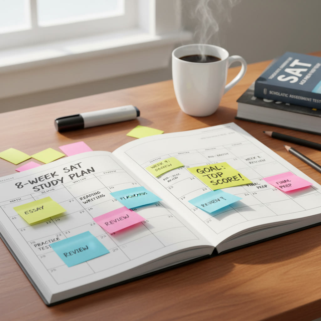 Open calendar with a handwritten 8-week study plan and colored sticky notes — image idea to illustrate planning and scheduling.
