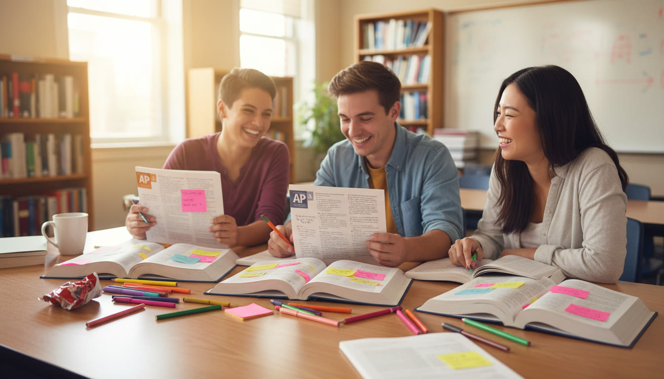 Photo Idea : A bright classroom scene with three open textbooks labeled 
