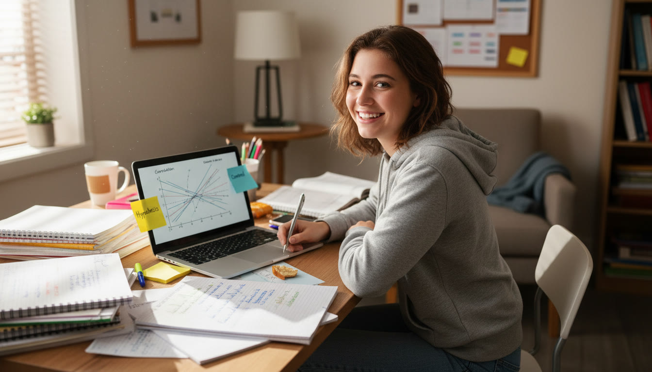 Photo Idea : A student at a desk with color-coded notes, a laptop screen showing a complex graph, and sticky notes that say “Hypothesis” and “Control” — conveys active data work in progress.