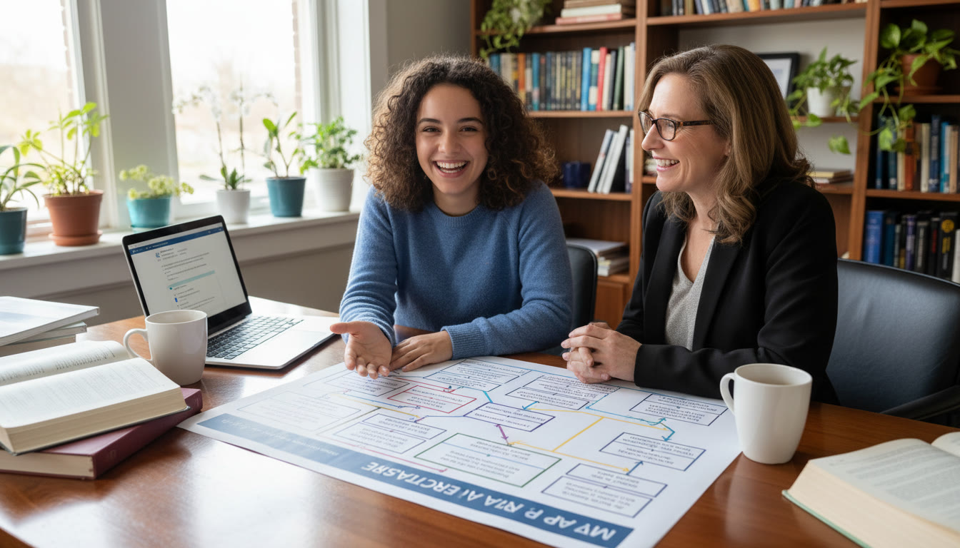 Photo Idea : A student meeting with an academic advisor in a bright office, pointing to a printed academic plan that shows how AP credits map onto course sequences—visualizing choice and partnership.