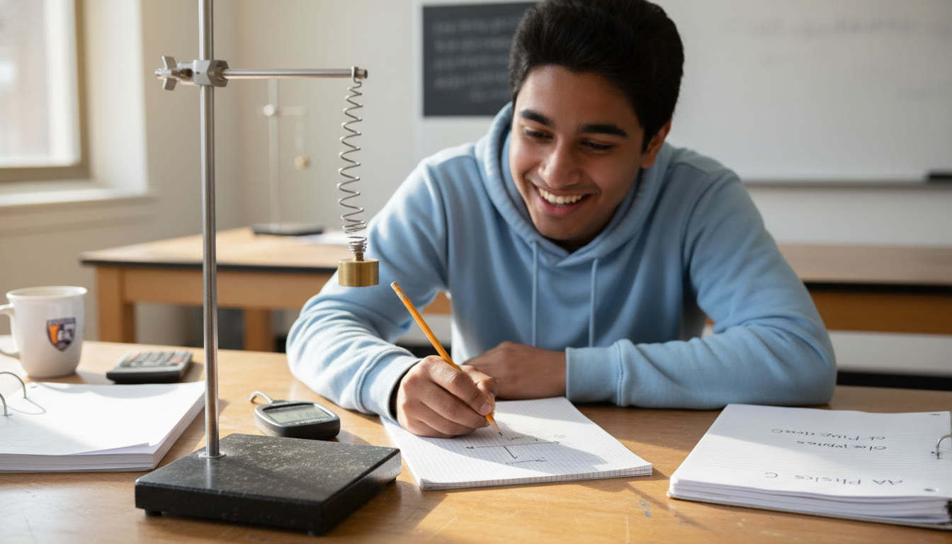Photo Idea : Close-up of a lab table with simple apparatus (spring, mass, stopwatch, graph paper) and a student sketching a free‑body diagram—visualizing experimental practice and data analysis.