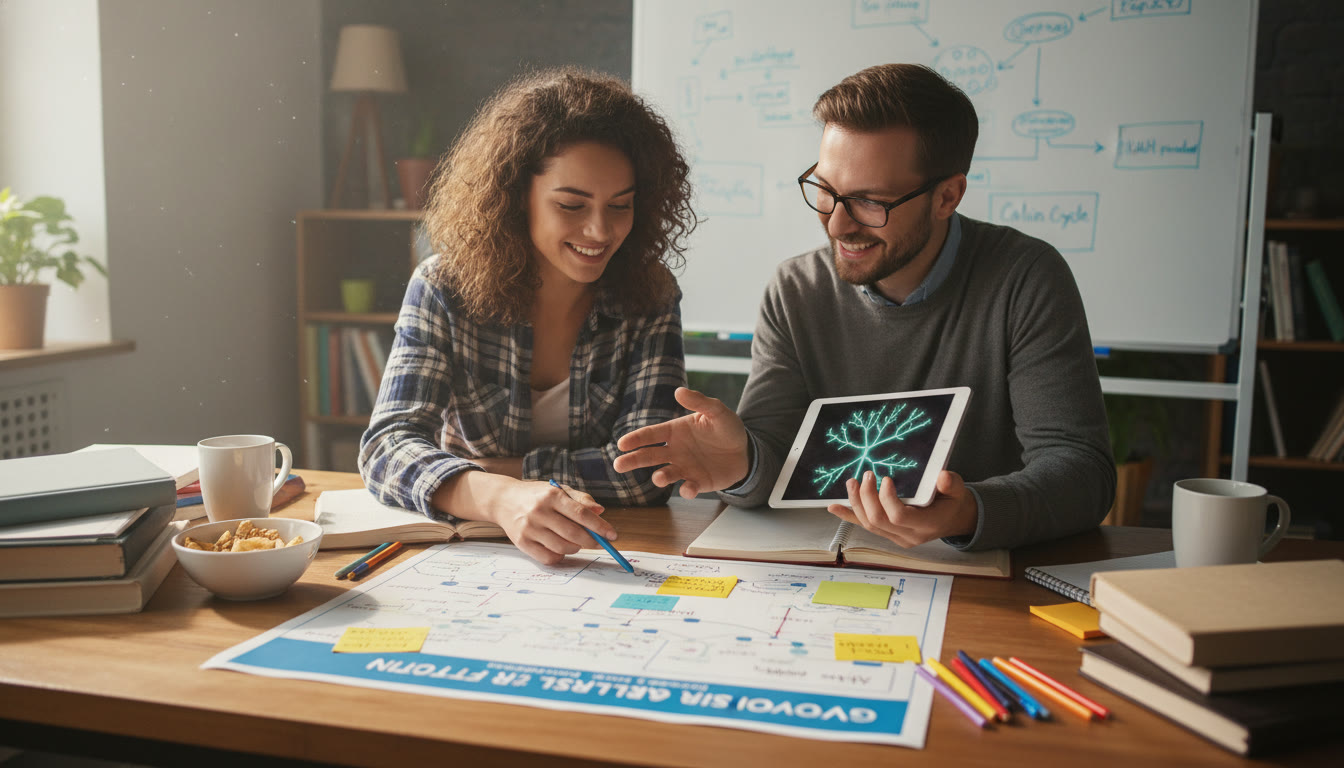 Photo Idea : A study-scene photo showing a student and tutor reviewing pathway diagrams with sticky notes and a tablet — to illustrate how 1-on-1 tutoring sessions can help clarify complex pathways like glycolysis and the Calvin Cycle. Place this image near the tutoring paragraph where it fits naturally.