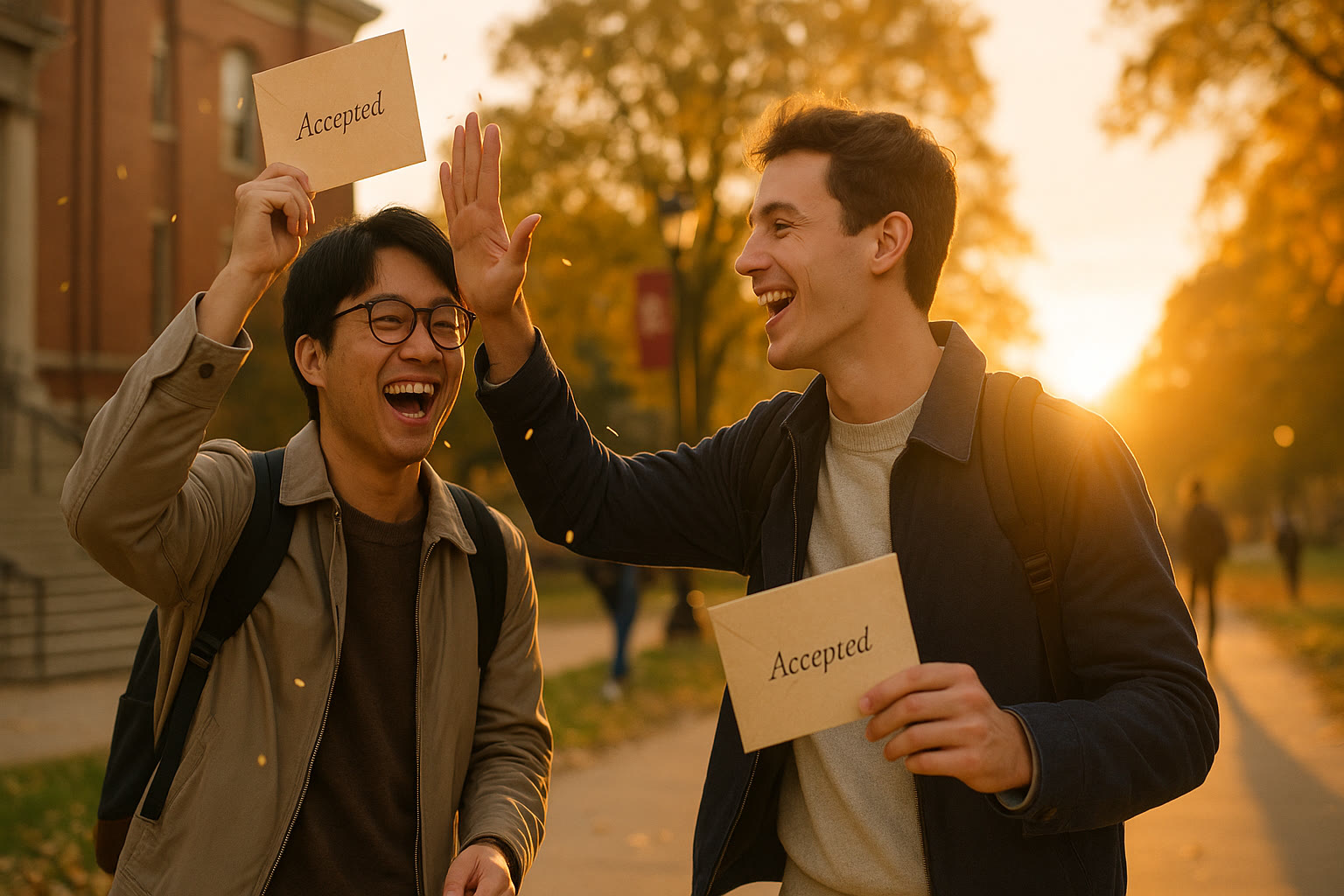 Photo Idea : Two students (one international, one domestic) celebrating outside a university campus with acceptance envelopes; soft golden-hour lighting to convey achievement and warmth.