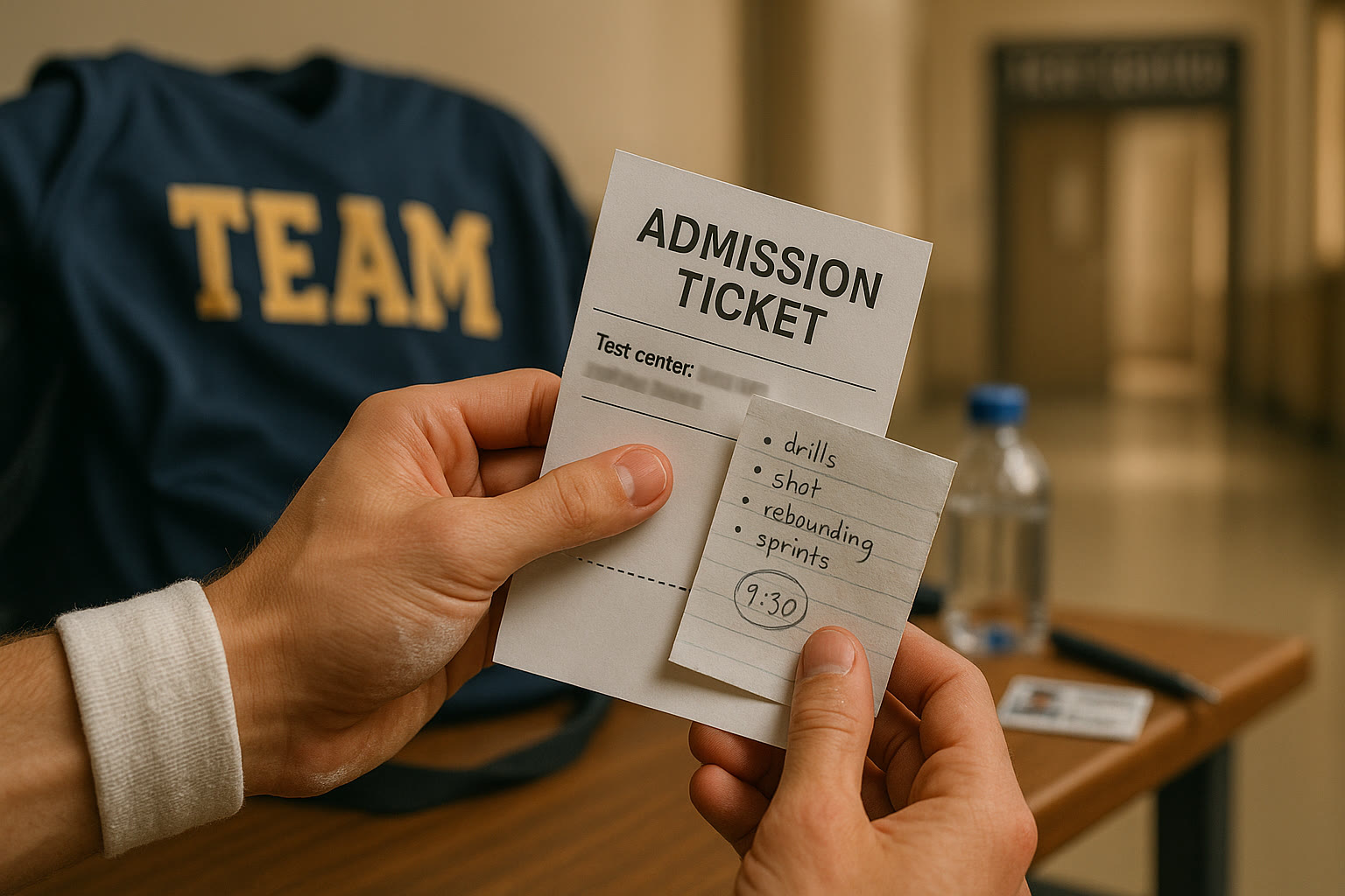 Photo Idea : Close-up of a student-athlete’s hand checking an admission ticket and practice notes before heading to the test center, with a jersey or team jacket visible nearby.