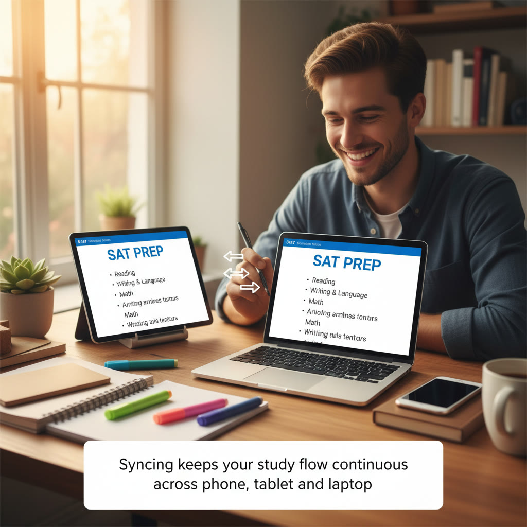 Illustration idea: A tidy workspace with three devices showing the same study note on screen — caption: 