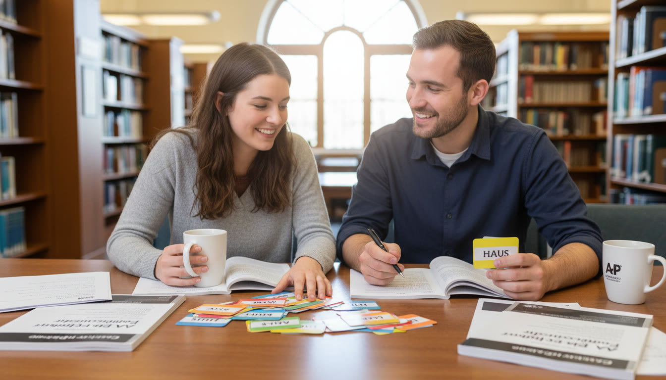 Photo Idea : A student and tutor working together over a set of AP practice tests and German flashcards in a library — illustrates focused, guided prep and the benefit of personalized tutoring.