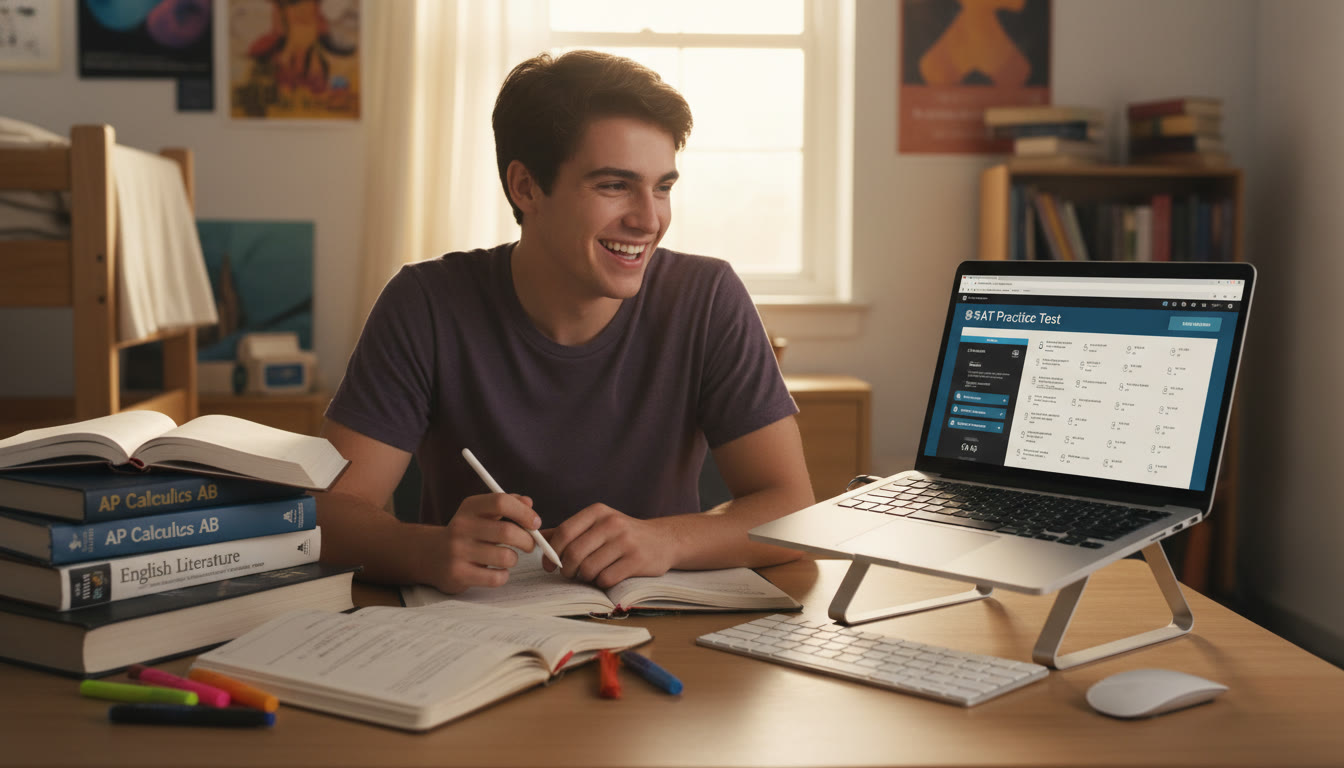 Photo Idea : A dynamic photo of a student at a desk with AP textbooks open on one side and a laptop displaying SAT practice software on the other   capturing the contrast between sustained coursework and digital test-taking.