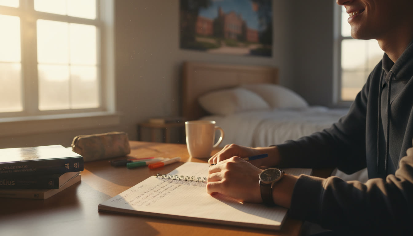 Photo Idea : A calm student at a desk with an analog watch and a notebook showing a time-blocked plan; warm morning light to suggest focus and readiness.