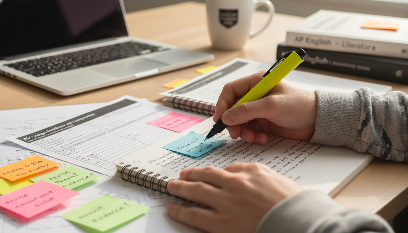 Photo Idea : A close-up of a student annotating a printed rubric with a highlighter and sticky notes, pen poised over a draft essay — warm natural light, focus on hands and paper.