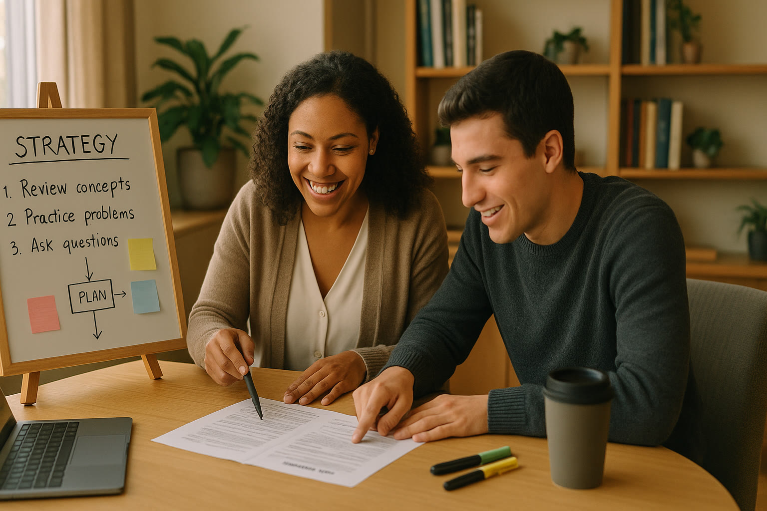 Photo Idea : A tutor and student smiling over a practice test, pointing to a strategy board. Natural, collaborative environment showing active learning and mentorship.