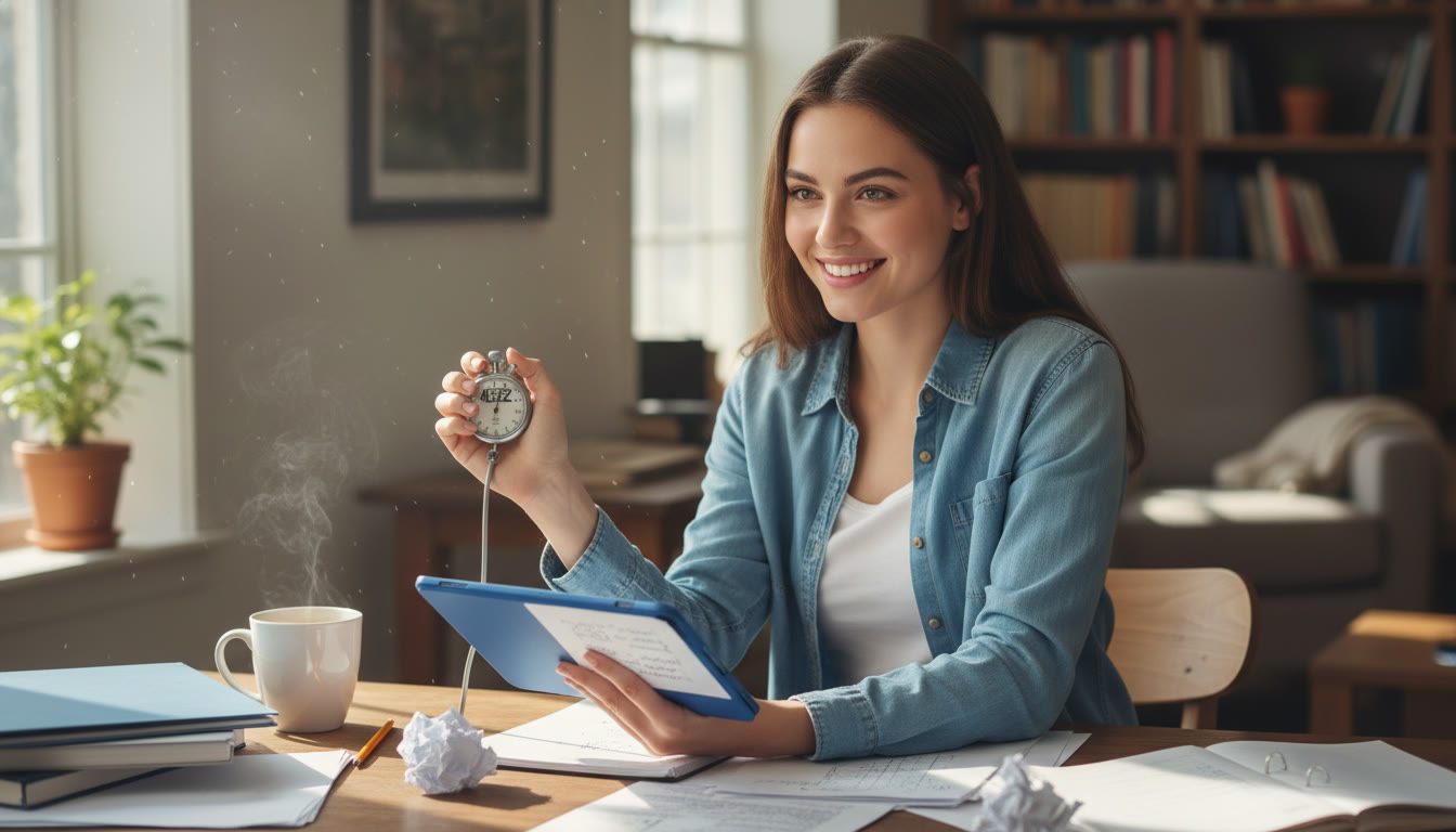 Photo Idea : A student at a desk with an AP Bluebook-style tablet or paper, stopwatch in hand, focused but relaxed—natural light, messy notes, and a cup of coffee. This image should appear early to set the tone for active timed practice.