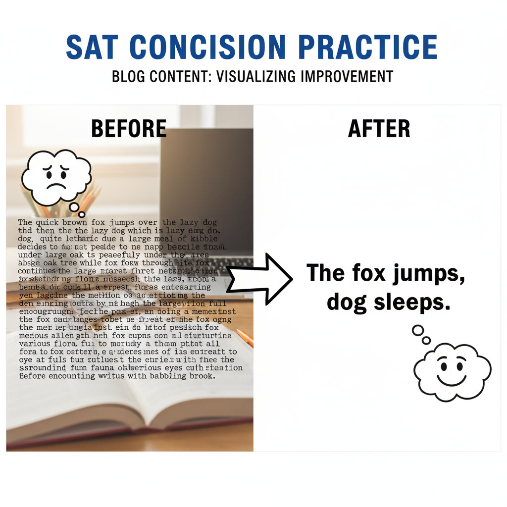 Illustration idea: A split-screen showing 'Before' (long, wordy sentence) and 'After' (concise, clear sentence) to visualize concision practice.