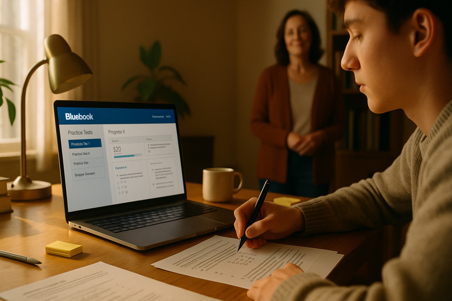Photo Idea : A calm study corner with a laptop showing the Bluebook app interface and a student making notes on a printed practice test. Natural light, warm tones, and a parent in the background providing supportive, not intrusive, presence.