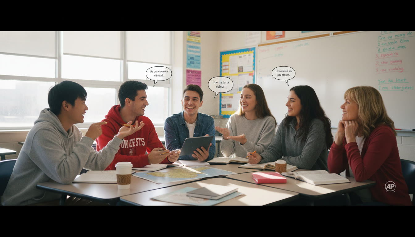 Photo Idea : A small classroom scene with students engaged in a lively conversation in a target language, instructor smiling and listening — suggests the interactive environment students can expect after placement.