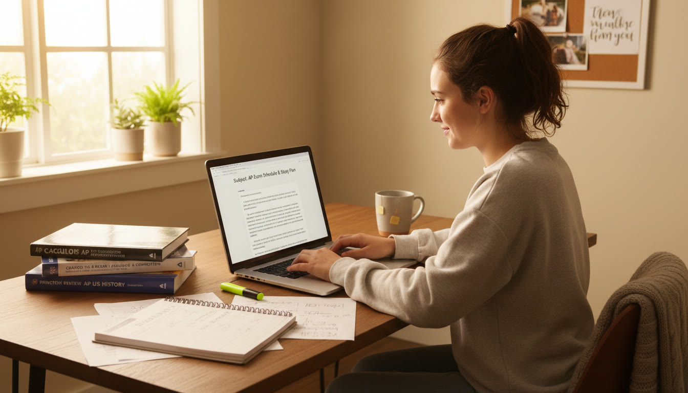 Photo Idea : A student at a desk composing an email on a laptop, with a calendar and AP prep materials nearby — bright natural light, warm tones to convey calm, organized action.