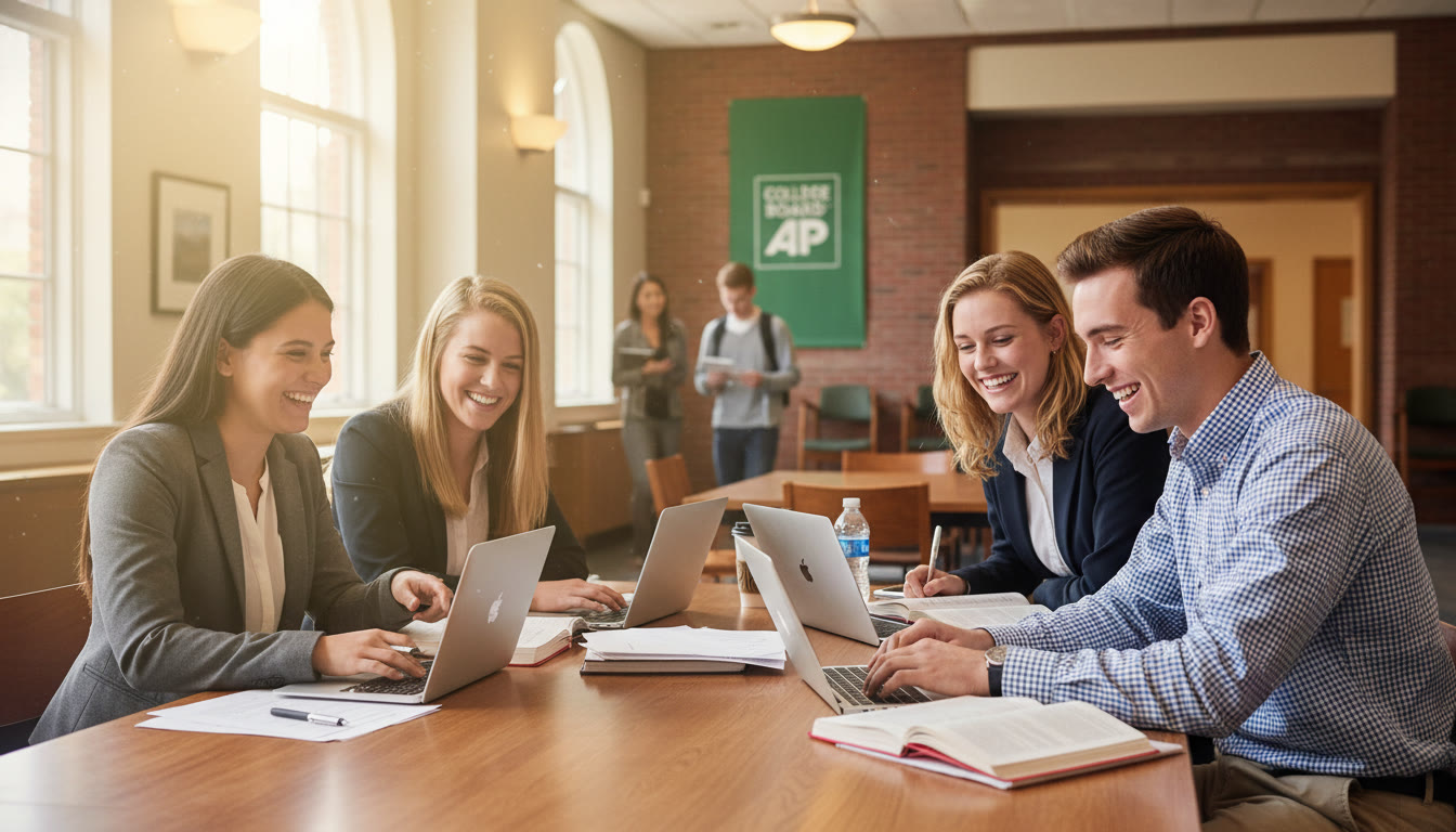 Photo Idea : A campus-style image showing students in business casual attire collaborating at a table with laptops and notebooks; natural light, smiles, a sense of purposeful teamwork—ideal for a section about internships and student organizations.
