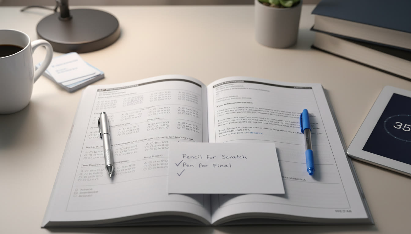 Photo Idea : A top-down shot of a student’s AP practice workspace: a timed practice booklet half-written, a mechanical pencil, a gel pen, and a small checklist labeled “Pencil for Scratch, Pen for Final,” suggesting a hybrid strategy. Soft focus background with clear foreground items.