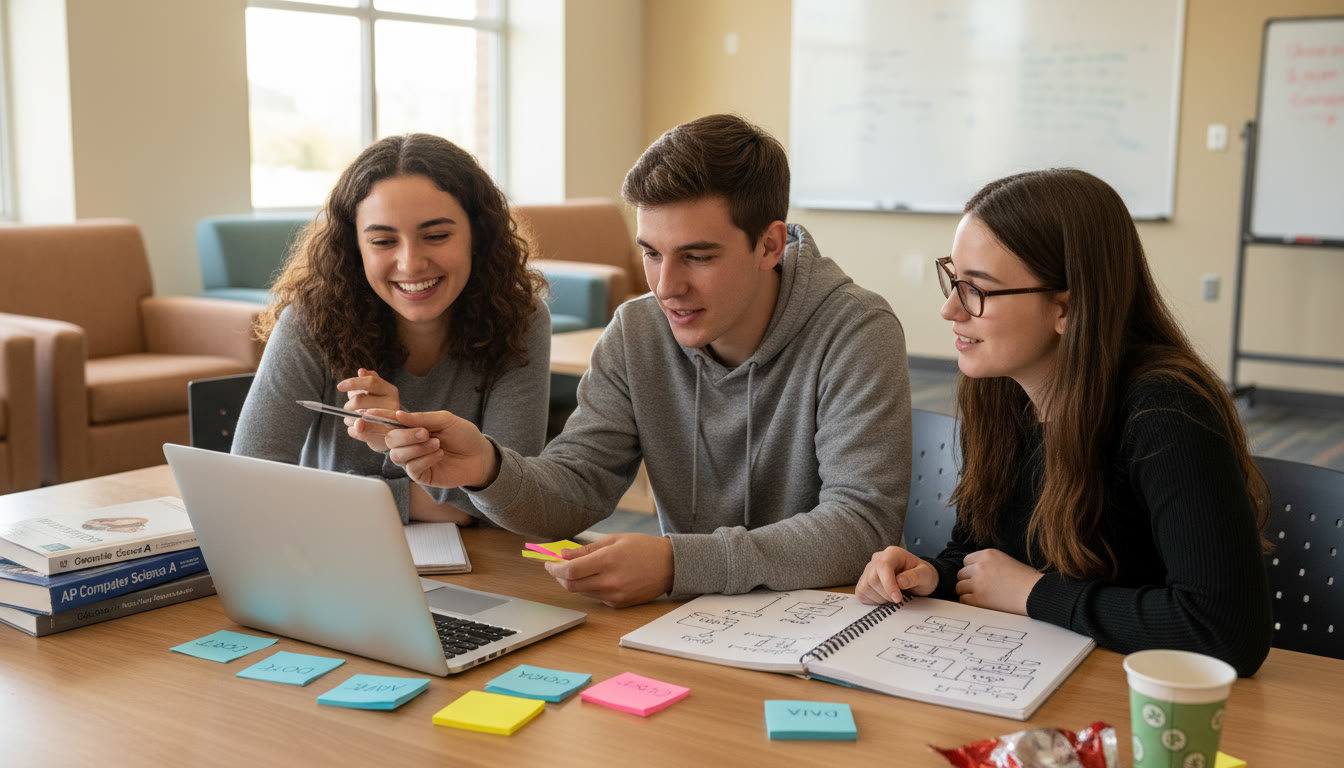 Photo Idea : A small team of high school students collaborating around a laptop in a casual study space, with sketches of algorithms and sticky notes   illustrating project-based learning and teamwork that complements test preparation.