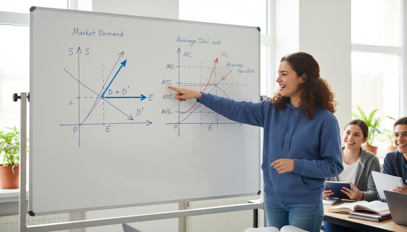 Photo Idea : A whiteboard with neatly drawn supply-and-demand graphs and marginal curves, arrows indicating shifts, and a student pointing—captures the mix of visual reasoning and active problem solving.