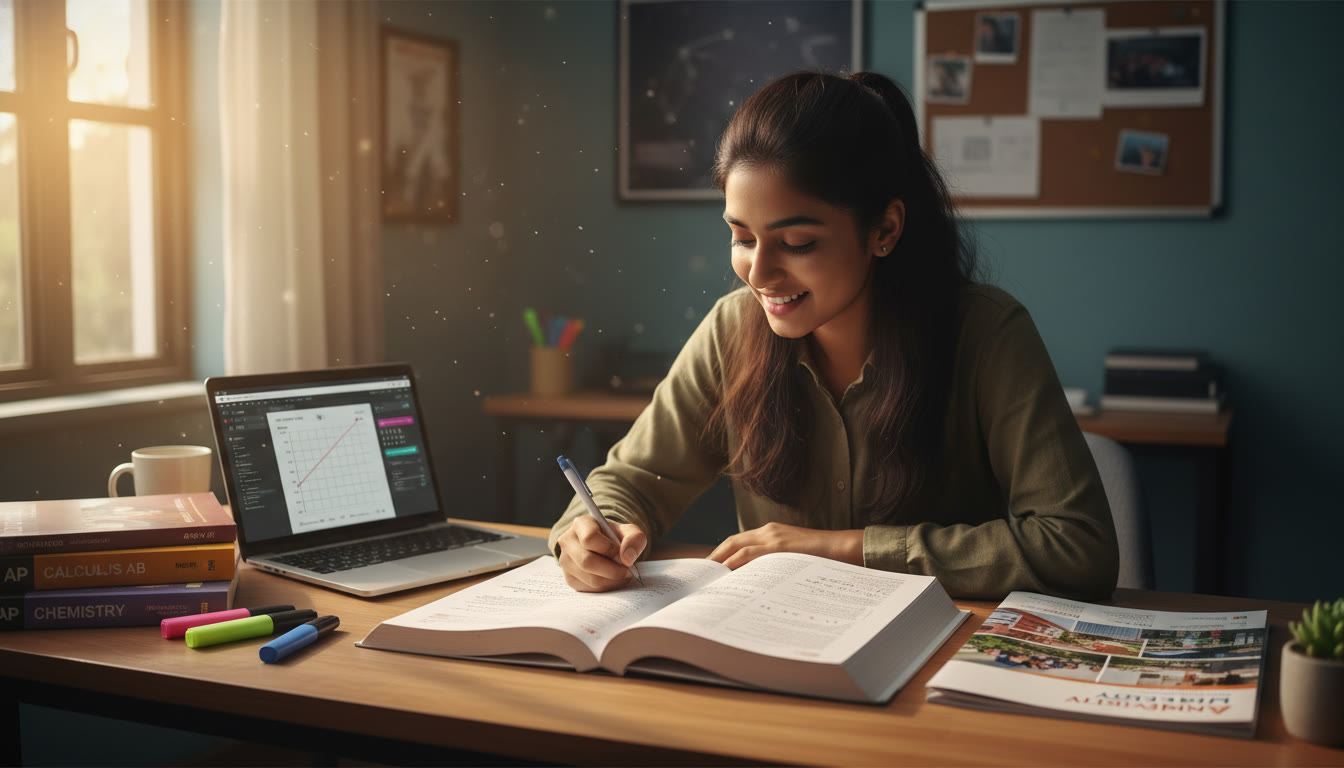 Photo Idea : A focused study scene showing a student solving calculus problems at a desk with a laptop, AP prep books, and a university brochure from an Indian private institution—conveys dedication and direction.