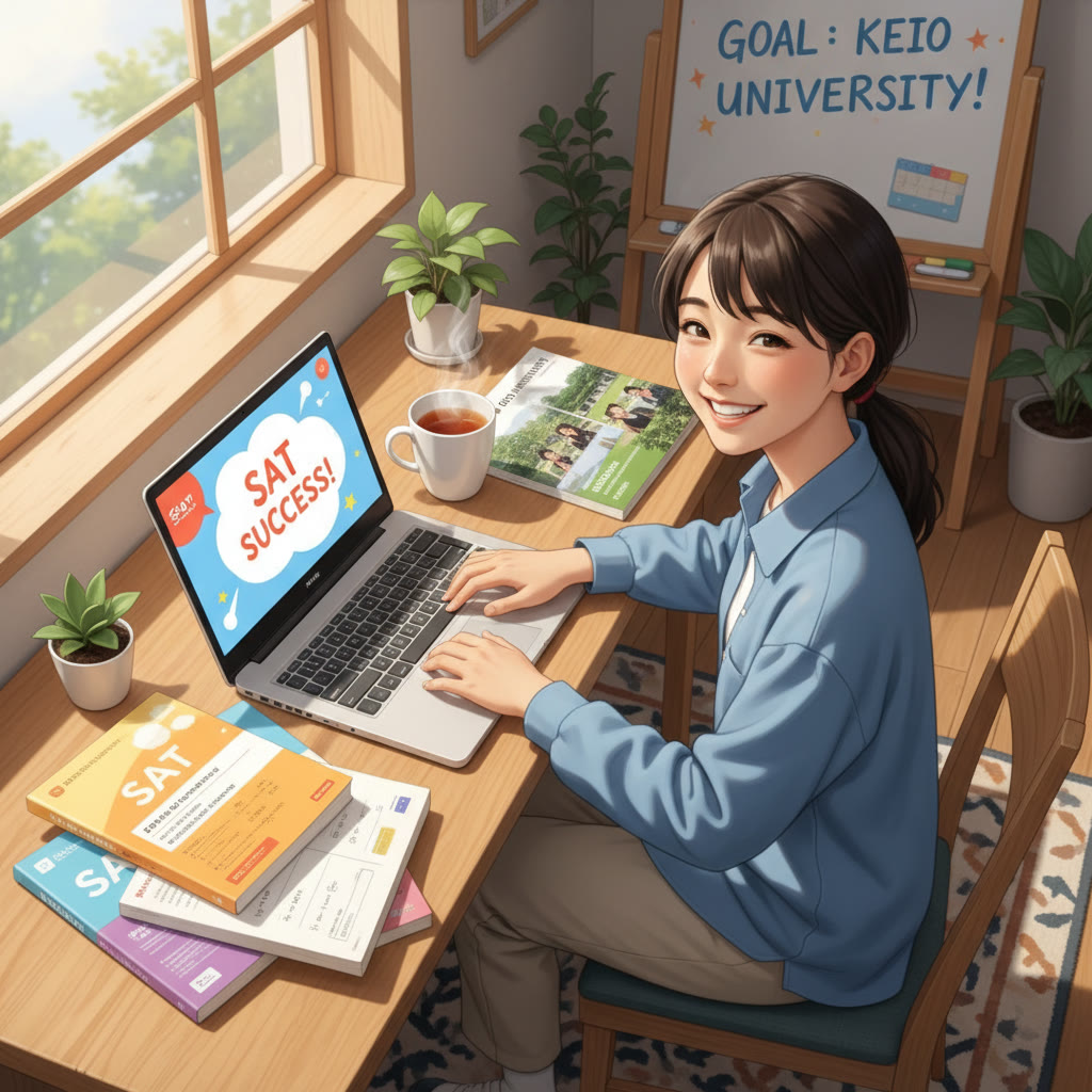 Photo Idea : A high-angle shot of a student working at a desk with a laptop, SAT practice booklets, and an open Keio University brochure—soft natural light, warm tones.