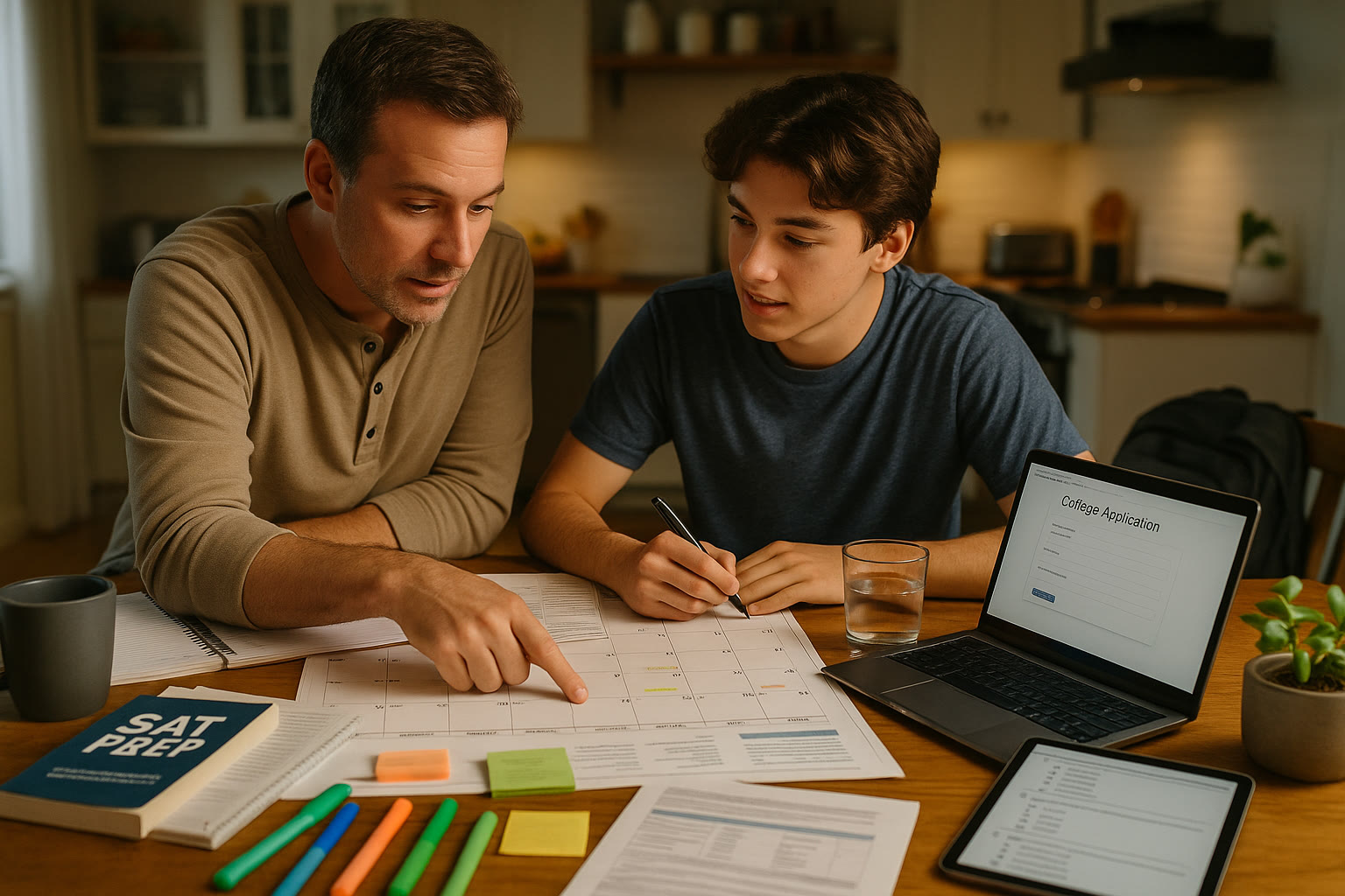 Photo Idea : A parent and student spread a calendar and study materials across a kitchen table, surrounded by a laptop showing a college application page and a tablet with SAT practice questions.